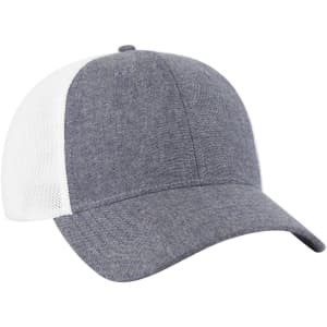 A grey and white low profile baseball cap with a six-panel design and a mesh back. It features a logo.