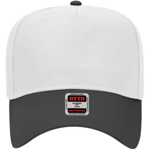 A mid crown baseball cap in white and black, featuring a logo on the front.