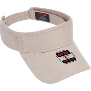 A beige sun visor with a wide brim and a logo label. The design is simple and practical for outdoors.