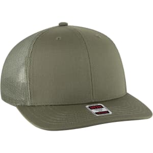 A mid-profile trucker cap in olive green with a mesh back and a logo on the front.