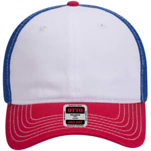 A 6 panel low profile trucker dad cap in white, blue, and red, featuring a logo on the front label.