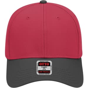 A red and grey 6 panel low profile baseball cap featuring a label on the front.