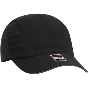 A black reflective six-panel running cap with a structured design and a logo.