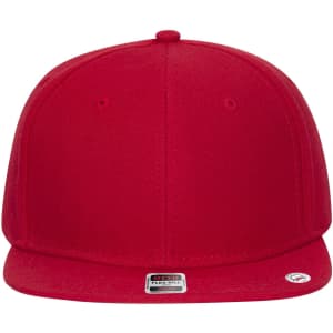 A red snapback cap featuring a flat brim and a logo on the side. The cap has a structured design and six panels.