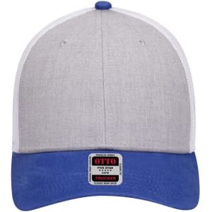 A grey and blue 6 Panel Low Profile Trucker Cap with a logo on the front.