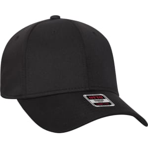 A black six-panel low profile baseball cap with a logo on the front.