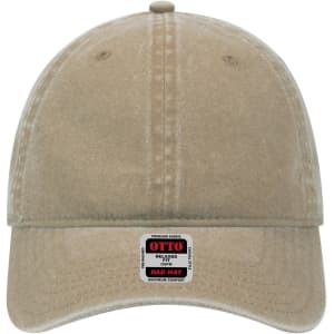 A beige 6 panel low profile dad cap with a logo and a relaxed fit design.