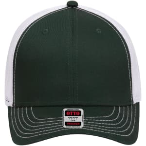 A dark green low profile trucker cap with a white mesh back and a logo on the front.
