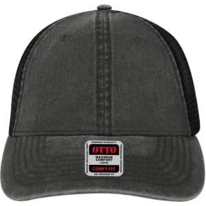 A grey trucker cap with a low profile and mesh back, featuring a logo and a comfortable fit label.