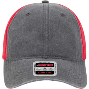 A grey and red low profile trucker cap with a curved brim and a logo on the front.