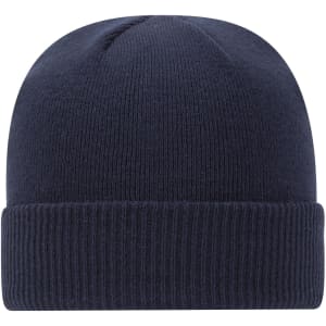 A dark navy knit beanie with a ribbed cuff and a smooth top, featuring a branding logo.
