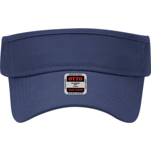 A navy sun visor with a wide brim and a logo label on the front.