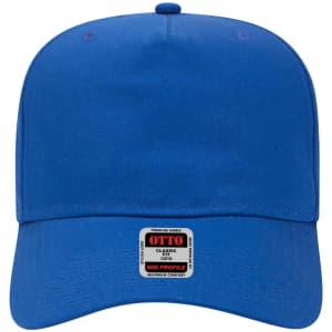 A blue 5 panel mid-profile baseball cap with a logo on the front.
