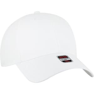 A white 6-panel low-profile baseball cap featuring a logo on the front.
