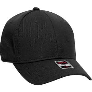 A black 6 panel low profile baseball cap with a logo on the front and a curved brim.