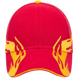 A red low profile baseball cap featuring yellow flame designs and a logo on the front.