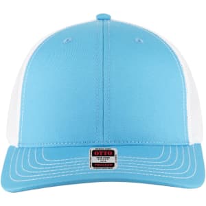 A light blue trucker cap with a mesh back and a logo on the front. It features a mid-profile design.