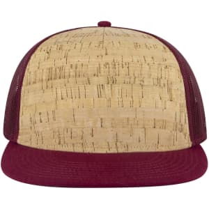 A five-panel trucker cap featuring a cork design in beige and maroon mesh sides. Includes a logo on the front.