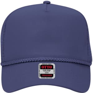 A 5 Panel Mid Profile Trucker Cap in navy blue, featuring a logo and a braided detailing on the front panel.