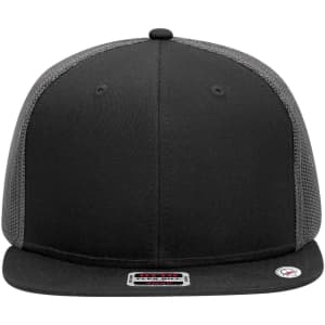 A 6 panel mid profile trucker cap featuring a black front and grey mesh sides, with a logo on the front.