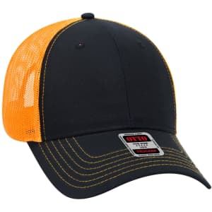 A black and orange 6 panel low profile trucker cap with mesh side panels and a branded tag.