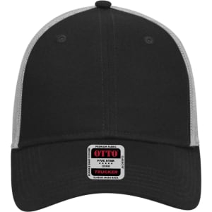 A black and grey 6 panel low profile trucker cap featuring a mesh back and a logo on the front.