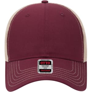 A maroon low-profile trucker cap with a cream mesh back and a logo label on the front.