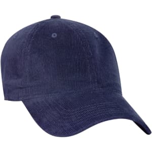 A navy blue, low profile baseball dad cap with a fabric texture and a curved brim. It features a logo.
