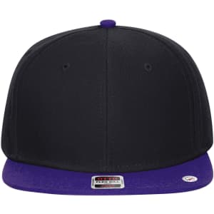 A six-panel mid-profile snapback cap featuring a purple visor and a black crown, with a logo on the side.