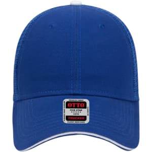 A blue 6 panel low profile trucker cap with a mesh back and a branding label on the front.