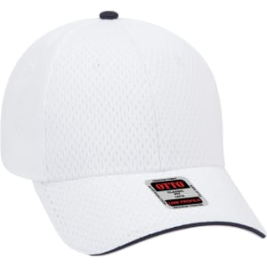 A white 6 panel low profile baseball cap with a textured design and a navy brim, featuring a logo on the front.