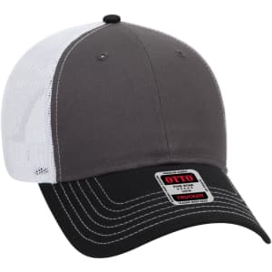 A grey and black 6 panel low profile trucker cap with a white mesh back and a label on the front.