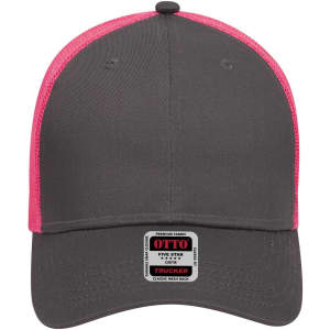 A grey trucker cap with a pink mesh back and an adjustable snap closure. It features a logo on the front.