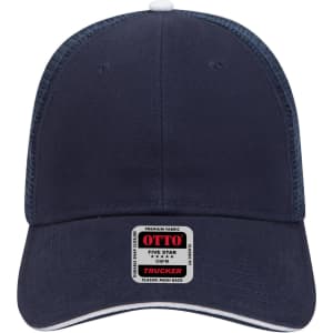 A navy blue 6 panel low profile trucker cap with a mesh back and a logo label on the front.