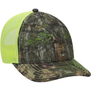 A camo six-panel low profile baseball cap in shades of green and brown, with a bright yellow mesh back and a logo.