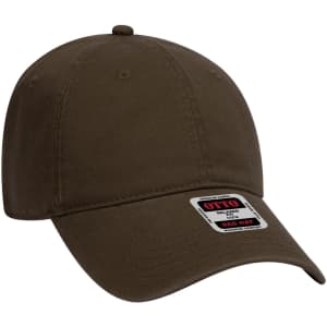A dark olive green 6 panel low profile dad cap with a curved brim and a logo on the front.
