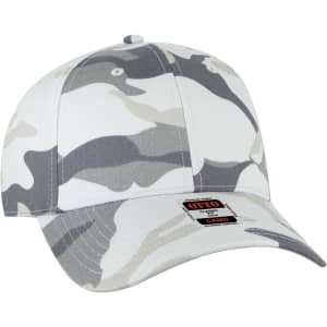A camo-patterned baseball cap in shades of grey with a low profile design and a branded label.