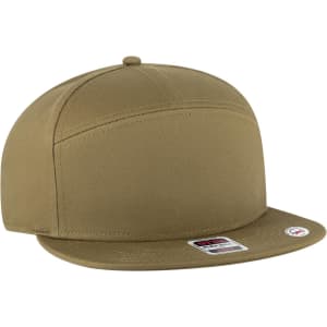 A khaki 7 panel mid profile snapback cap featuring a flat brim and a logo on the side.