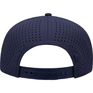 A navy blue 5 Panel Pro Style Snapback Hat with a perforated design and adjustable strap at the back.
