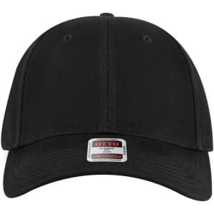A black 6 panel low profile baseball cap with a curved brim and a logo on the front.