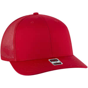 A red 6 panel mid profile trucker cap featuring a mesh back and a branded label.