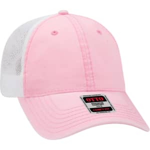 A pink low profile trucker cap with a white mesh back and a branded tag.