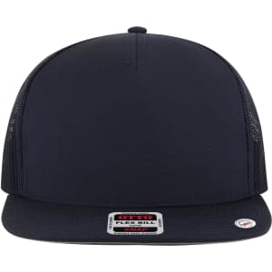 A navy 5 Panel Pro Style Trucker Cap with a flexible bill and mesh sides, featuring a logo.