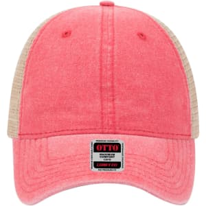 A pink and beige six-panel low profile trucker cap featuring a logo on the front.
