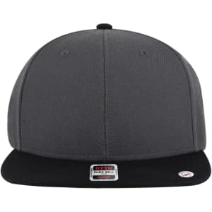 A grey and black snapback cap features a flat bill and a logo on the front. It has a mid-profile design.