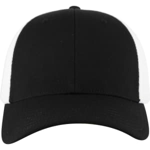 A black and white Flex Fit 6 Panel Low Profile Trucker Cap with a branded logo on the front.