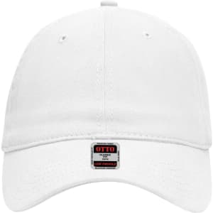 A white 6-panel low profile baseball dad cap with a logo label on the front.