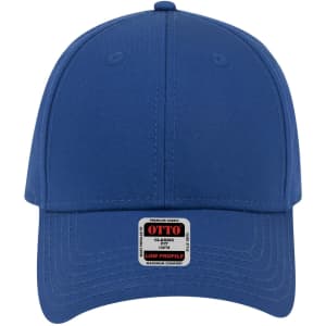 A blue six-panel low profile baseball cap featuring a logo on the front.