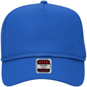 A blue 5-panel mid-profile trucker cap featuring a logo and a braided front band.