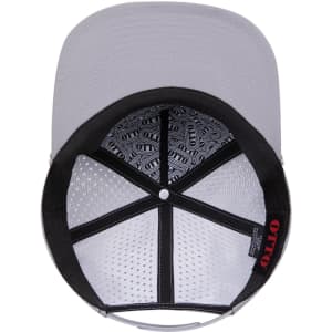 A grey snapback hat featuring a mesh interior and branding, showcasing the inside view with a black band.